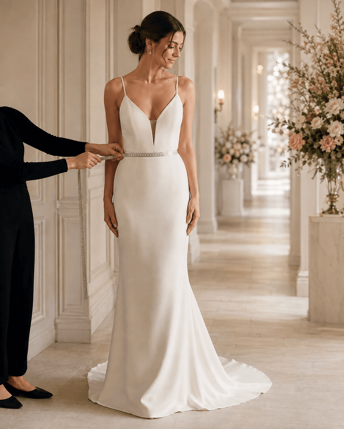 Bride in an elegant wedding gown in a wedding venue hallway